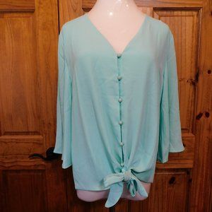 Kancy Store, Button Down V Neck Tie Knot Front Tops 3/4 Sleeve, Size-Medium,